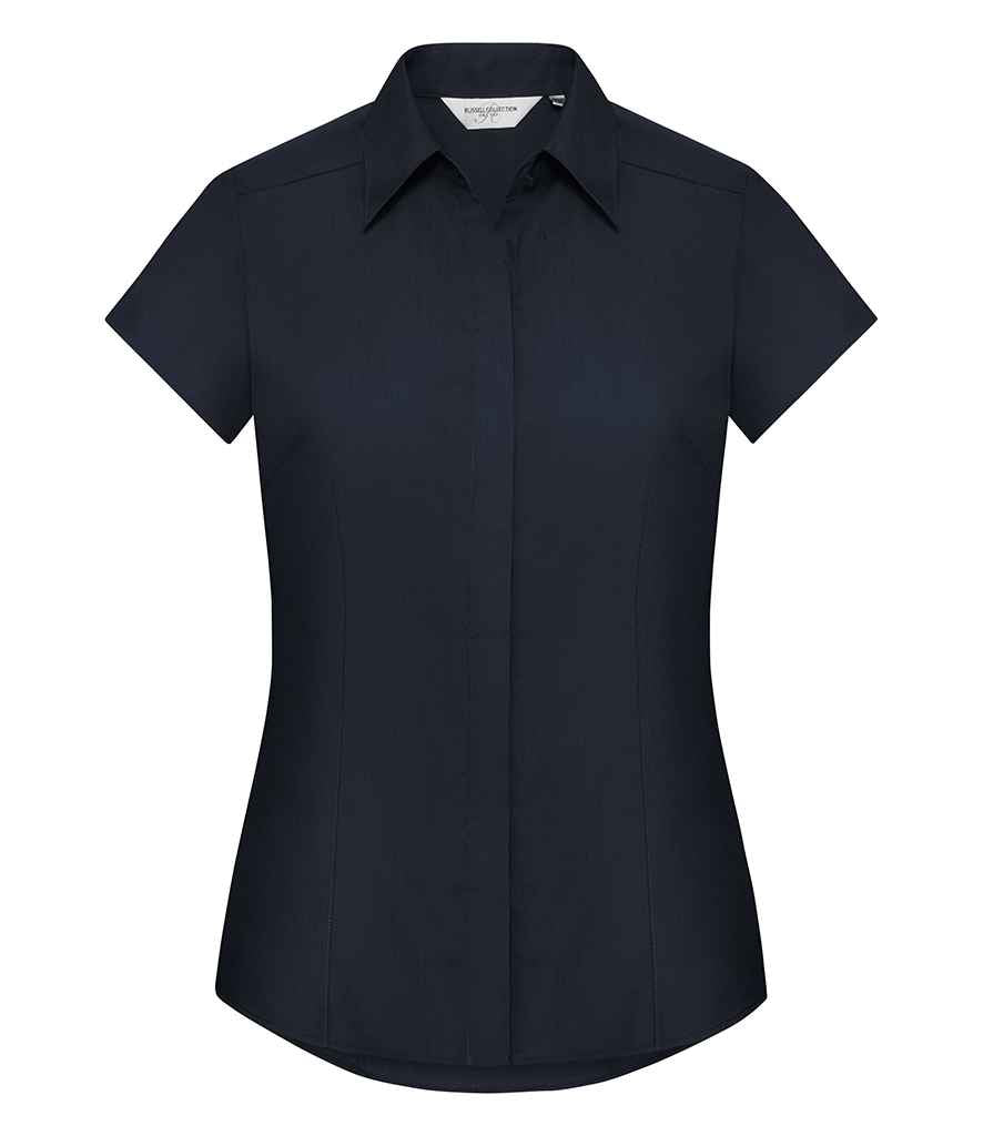 Russell Collection Ladies Cap Sleeve Fitted Poplin Shirt in French Navy by Russell — Custom branded clothing by Print Press, featuring premium embroidery produced in our specialist print lab in the UK.