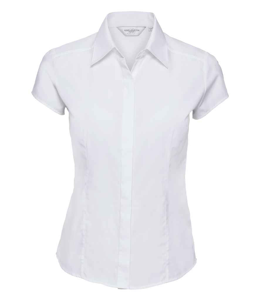 Russell Collection Ladies Cap Sleeve Fitted Poplin Shirt in White by Russell — Custom branded clothing by Print Press, featuring premium embroidery produced in our specialist print lab in the UK.
