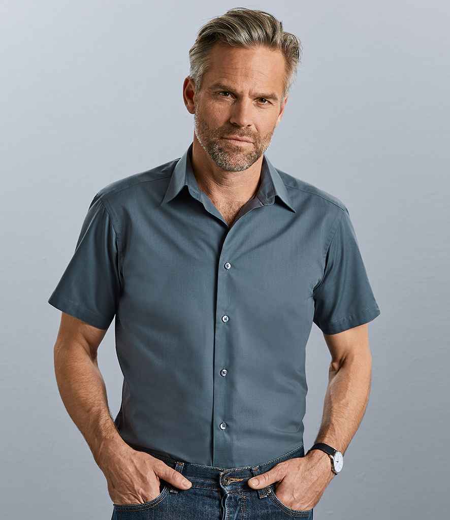 Russell Collection Short Sleeve Tailored Poplin Shirt in Convoy Grey by Russell — Custom branded clothing by Print Press, featuring premium embroidery produced in our specialist print lab in the UK.