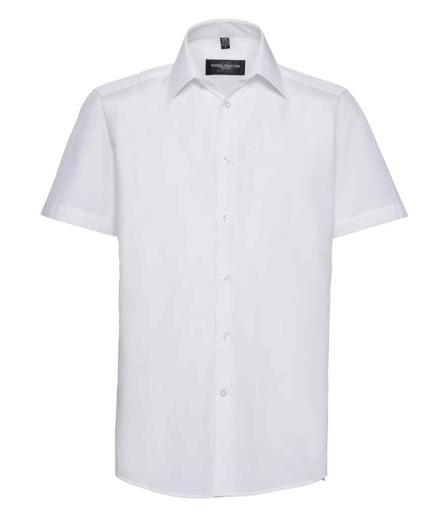 Russell Collection Short Sleeve Tailored Poplin Shirt in White by Russell — Custom branded clothing by Print Press, featuring premium embroidery produced in our specialist print lab in the UK.