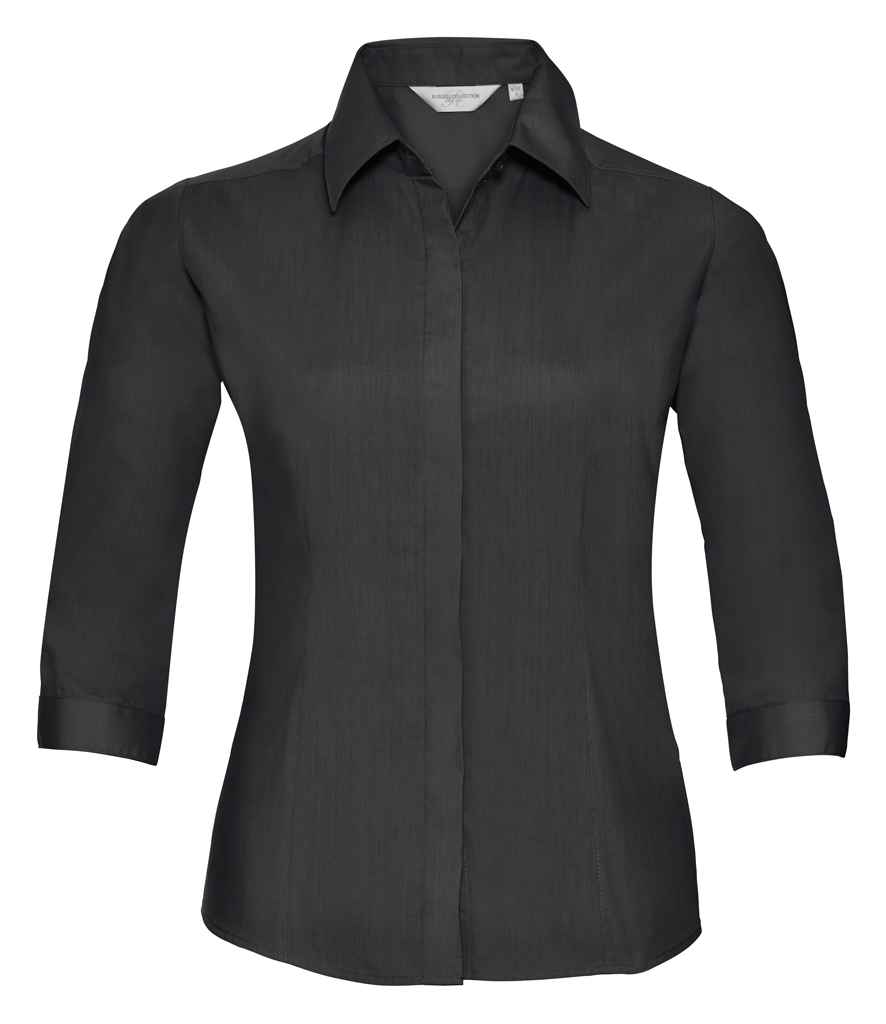 Russell Collection Ladies 3/4 Sleeve Fitted Poplin Shirt in Black by Russell — Custom branded clothing by Print Press, featuring premium embroidery produced in our specialist print lab in the UK.
