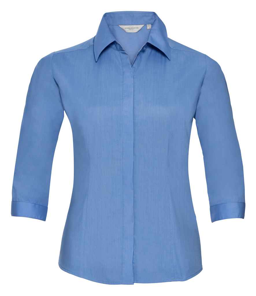Russell Collection Ladies 3/4 Sleeve Fitted Poplin Shirt in Corporate Blue by Russell — Custom branded clothing by Print Press, featuring premium embroidery produced in our specialist print lab in the UK.