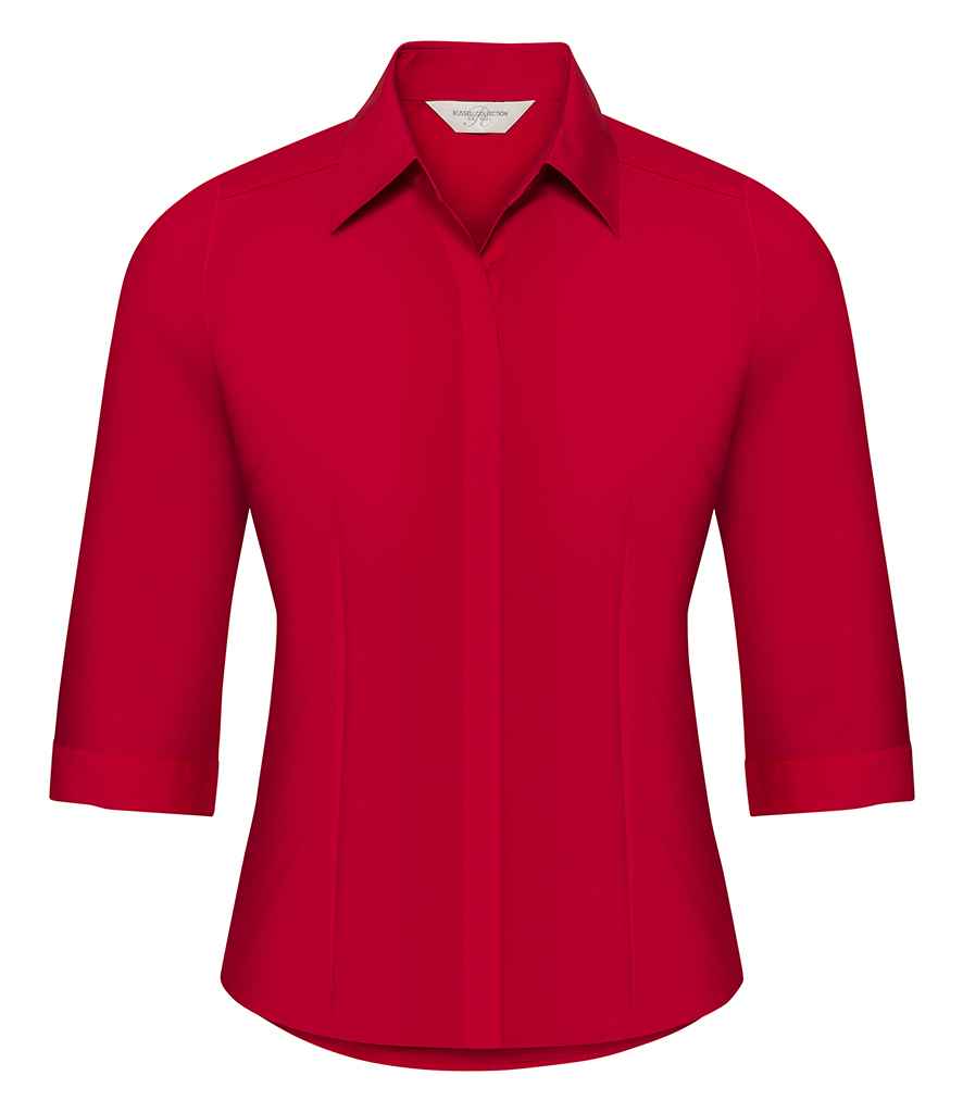 Russell Collection Ladies 3/4 Sleeve Fitted Poplin Shirt in Classic Red by Russell — Custom branded clothing by Print Press, featuring premium embroidery produced in our specialist print lab in the UK.