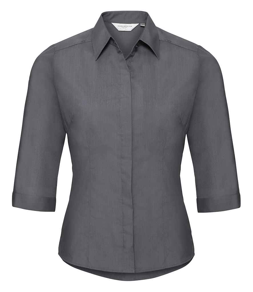 Russell Collection Ladies 3/4 Sleeve Fitted Poplin Shirt in by Russell — Custom branded clothing by Print Press, featuring premium embroidery produced in our specialist print lab in the UK.