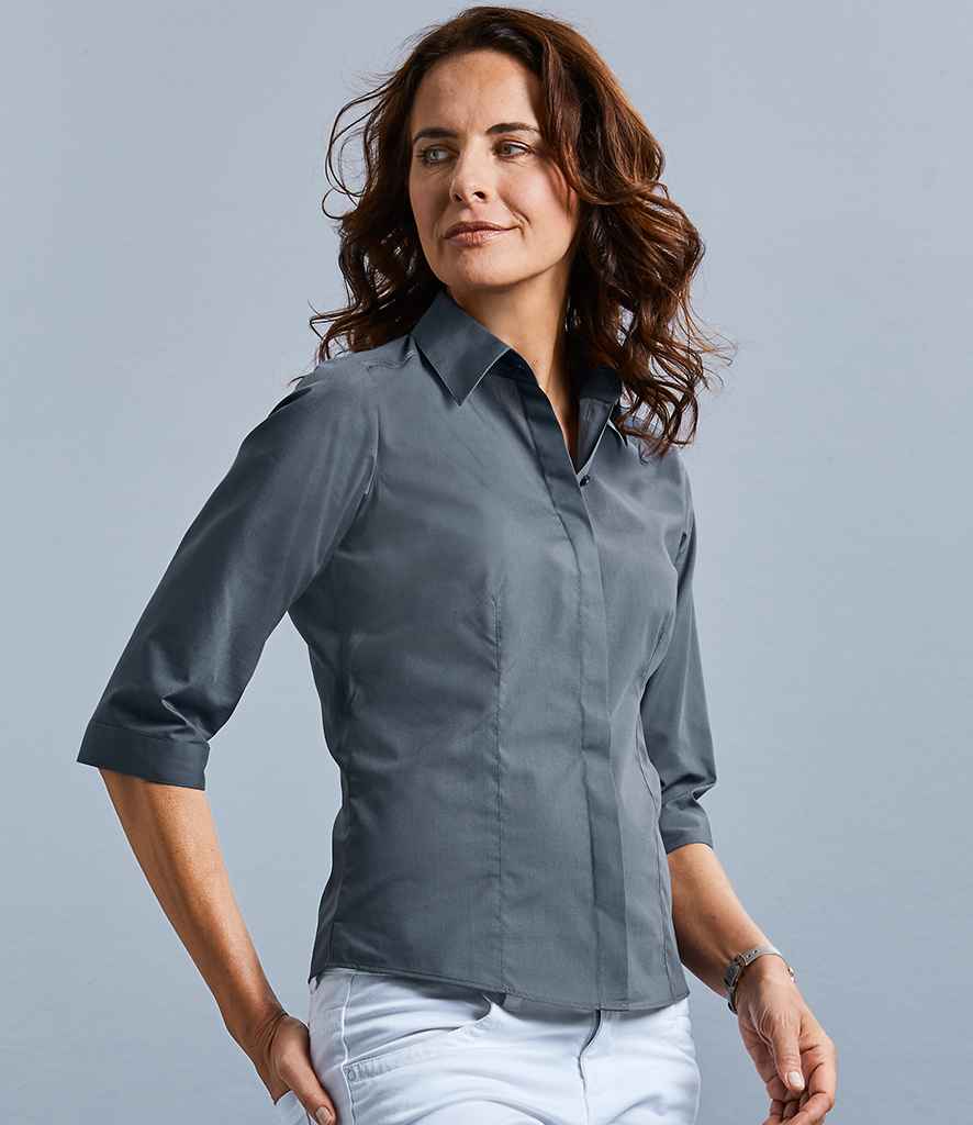 Russell Collection Ladies 3/4 Sleeve Fitted Poplin Shirt in Convoy Grey by Russell — Custom branded clothing by Print Press, featuring premium embroidery produced in our specialist print lab in the UK.