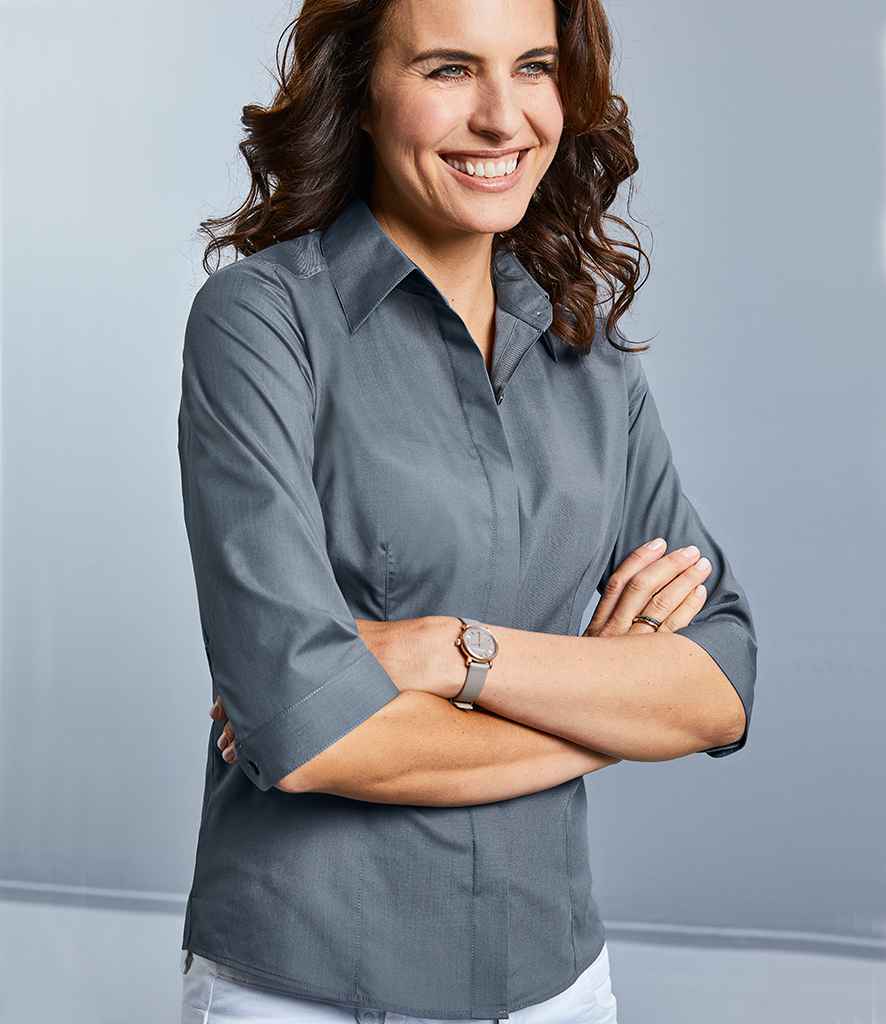 Russell Collection Ladies 3/4 Sleeve Fitted Poplin Shirt in by Russell — Custom branded clothing by Print Press, featuring premium embroidery produced in our specialist print lab in the UK.