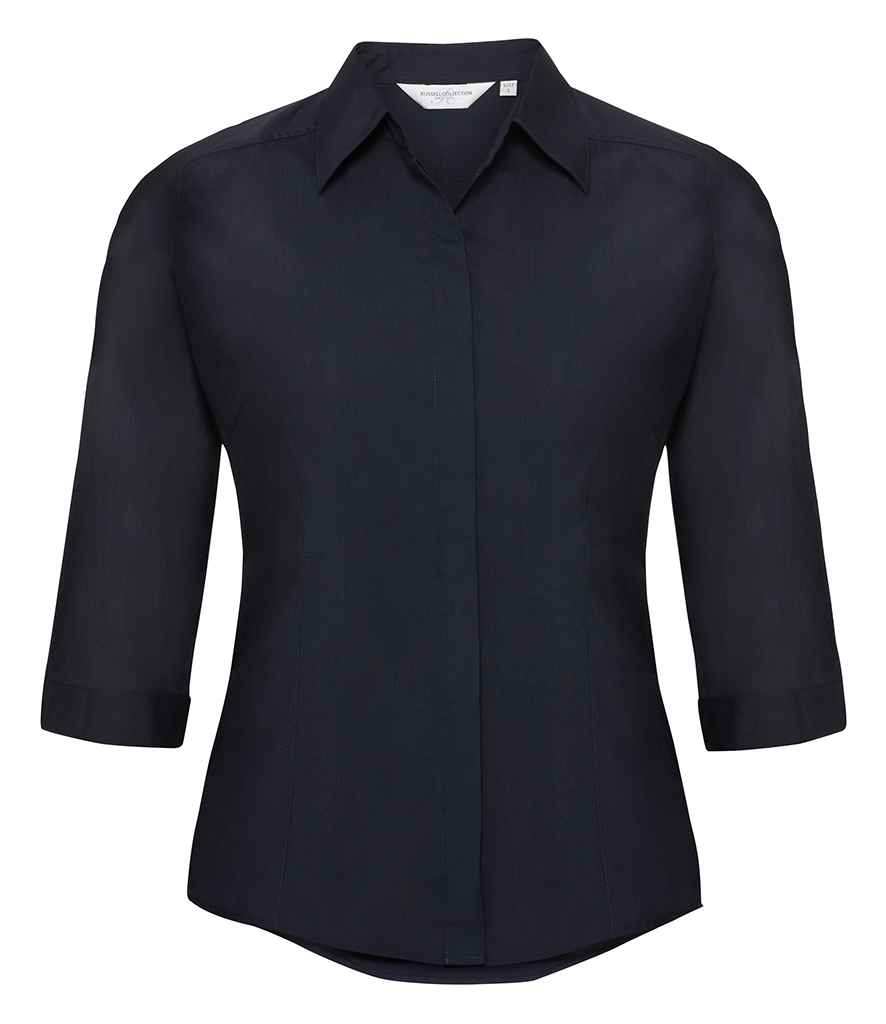 Russell Collection Ladies 3/4 Sleeve Fitted Poplin Shirt in French Navy by Russell — Custom branded clothing by Print Press, featuring premium embroidery produced in our specialist print lab in the UK.