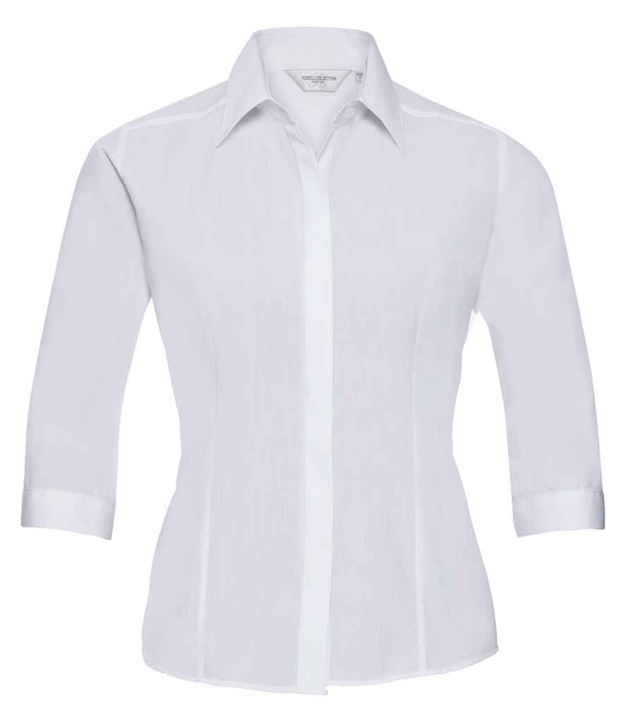 Russell Collection Ladies 3/4 Sleeve Fitted Poplin Shirt in White by Russell — Custom branded clothing by Print Press, featuring premium embroidery produced in our specialist print lab in the UK.