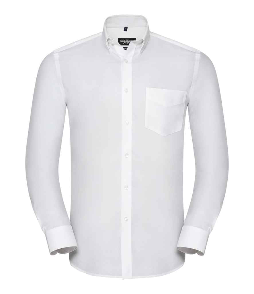 Russell Collection Tailored Long Sleeve Oxford Shirt in White by Russell — Custom branded clothing by Print Press, featuring premium embroidery produced in our specialist print lab in the UK.