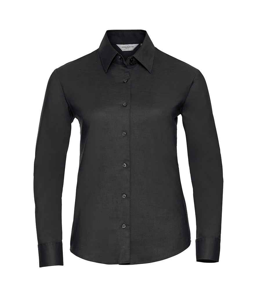 Russell Collection Ladies Long Sleeve Easy Care Oxford Shirt in Black by Russell — Custom branded clothing by Print Press, featuring premium embroidery produced in our specialist print lab in the UK.