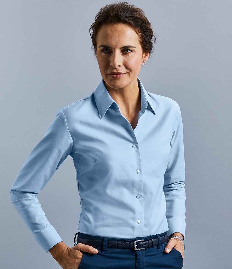 Russell Collection Ladies Long Sleeve Easy Care Oxford Shirt in Oxford Blue by Russell — Custom branded clothing by Print Press, featuring premium embroidery produced in our specialist print lab in the UK.