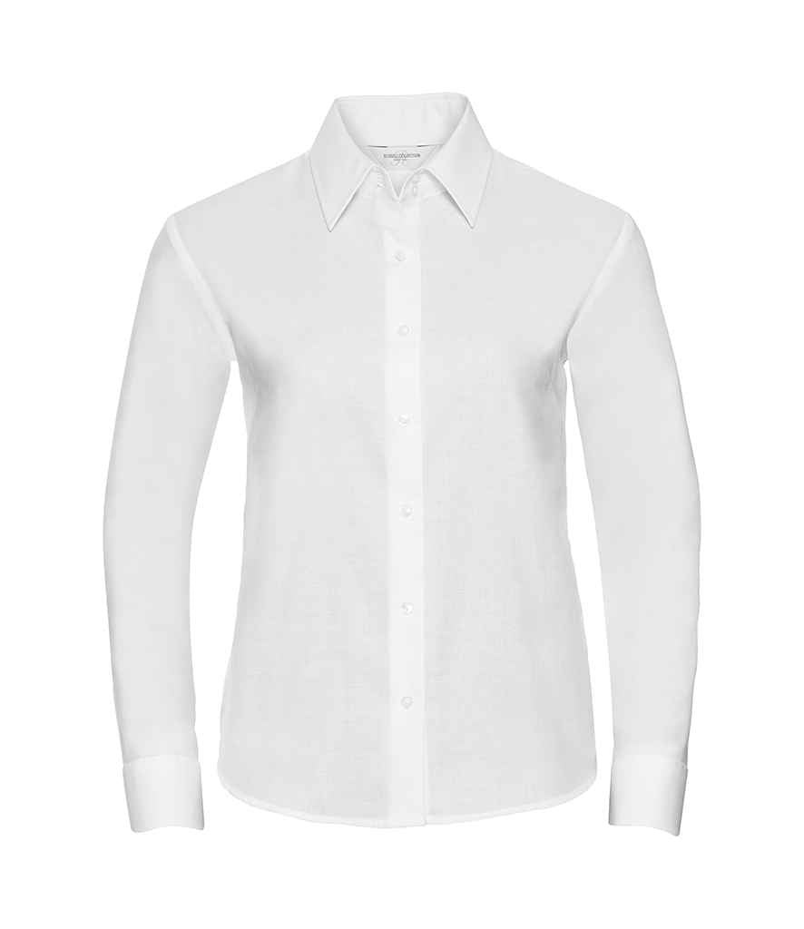 Russell Collection Ladies Long Sleeve Easy Care Oxford Shirt in White by Russell — Custom branded clothing by Print Press, featuring premium embroidery produced in our specialist print lab in the UK.