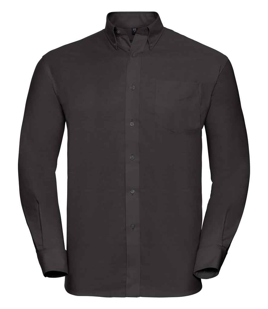 Russell Collection Long Sleeve Easy Care Oxford Shirt in Black by Russell — Custom branded clothing by Print Press, featuring premium embroidery produced in our specialist print lab in the UK.