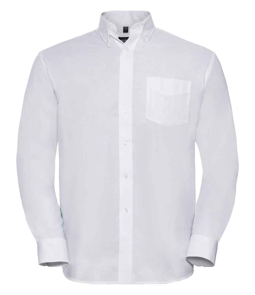 Russell Collection Long Sleeve Easy Care Oxford Shirt in White by Russell — Custom branded clothing by Print Press, featuring premium embroidery produced in our specialist print lab in the UK.