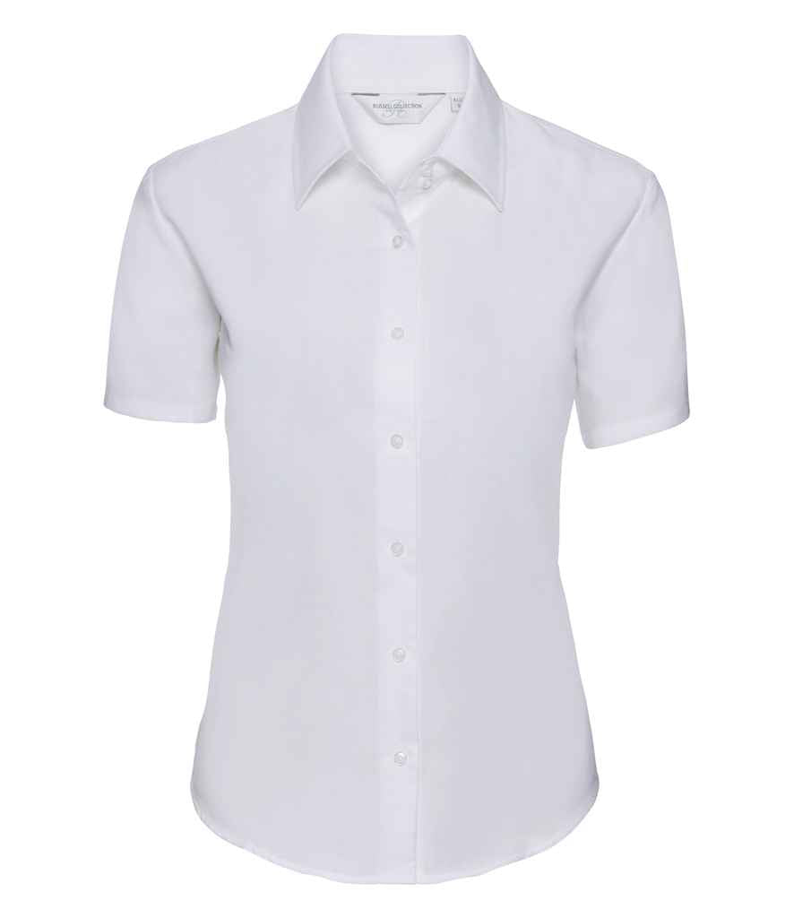 Russell Collection Ladies Short Sleeve Easy Care Oxford Shirt in White by Russell — Custom branded clothing by Print Press, featuring premium embroidery produced in our specialist print lab in the UK.