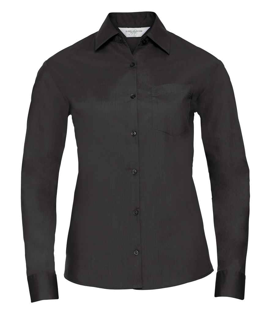 Russell Collection Ladies Long Sleeve Easy Care Poplin Shirt in Black by Russell — Custom branded clothing by Print Press, featuring premium embroidery produced in our specialist print lab in the UK.