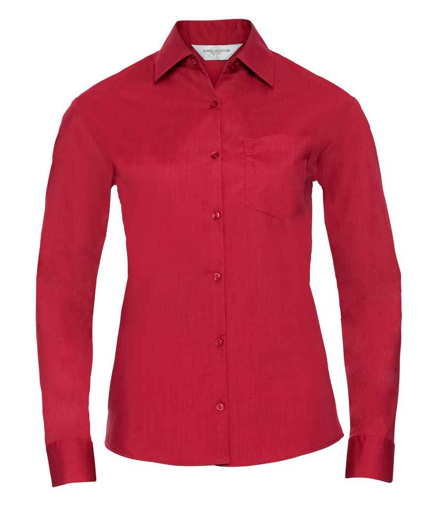 Russell Collection Ladies Long Sleeve Easy Care Poplin Shirt in Classic Red by Russell — Custom branded clothing by Print Press, featuring premium embroidery produced in our specialist print lab in the UK.