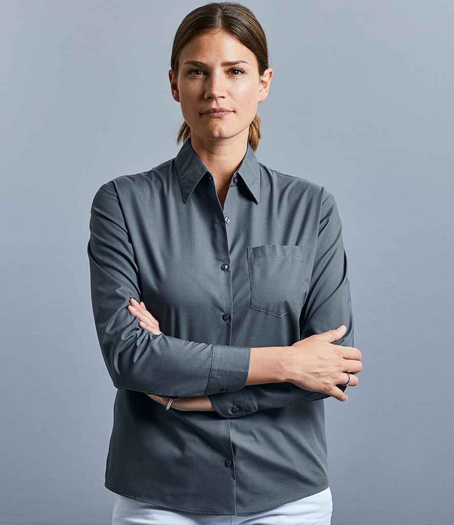 Russell Collection Ladies Long Sleeve Easy Care Poplin Shirt in Convoy Grey by Russell — Custom branded clothing by Print Press, featuring premium embroidery produced in our specialist print lab in the UK.