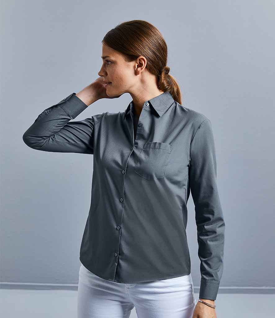 Russell Collection Ladies Long Sleeve Easy Care Poplin Shirt in by Russell — Custom branded clothing by Print Press, featuring premium embroidery produced in our specialist print lab in the UK.