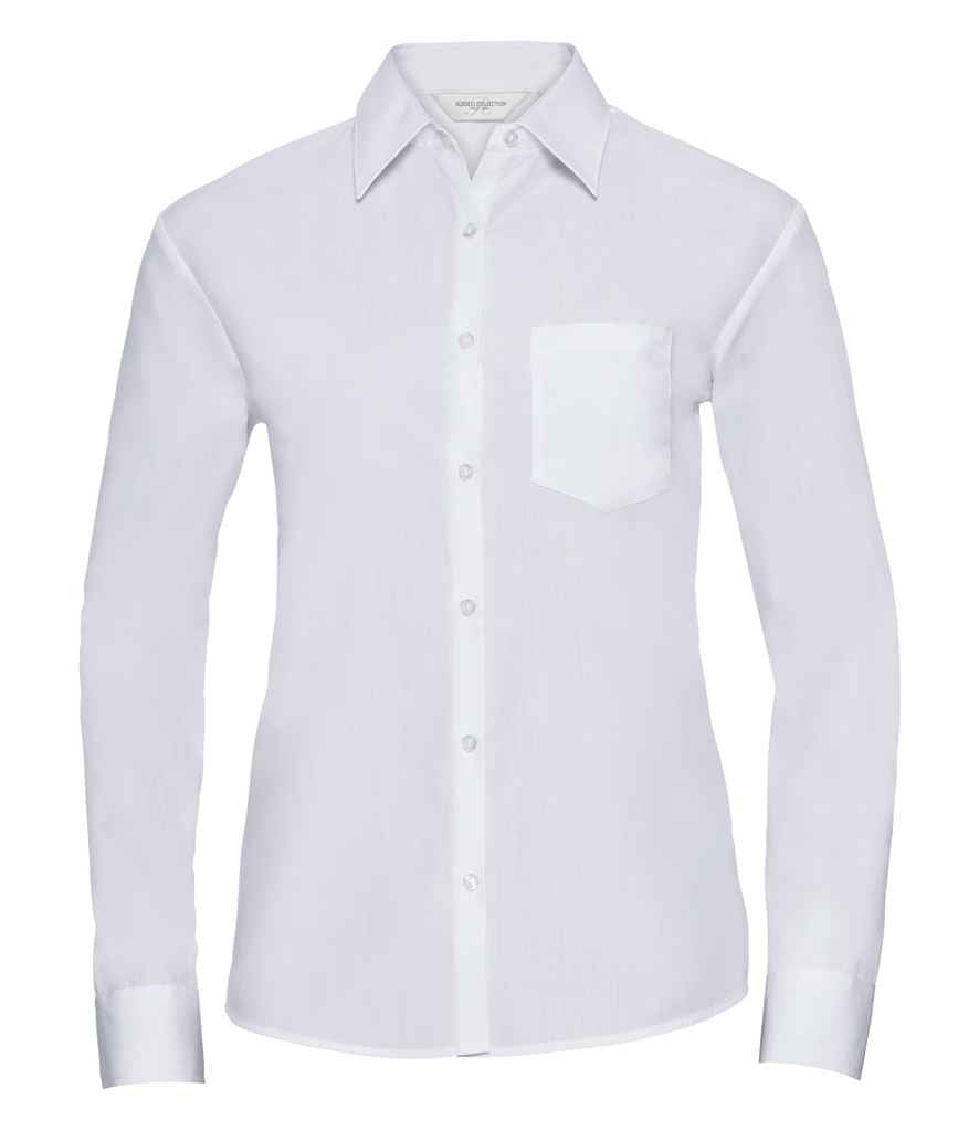 Russell Collection Ladies Long Sleeve Easy Care Poplin Shirt in White by Russell — Custom branded clothing by Print Press, featuring premium embroidery produced in our specialist print lab in the UK.