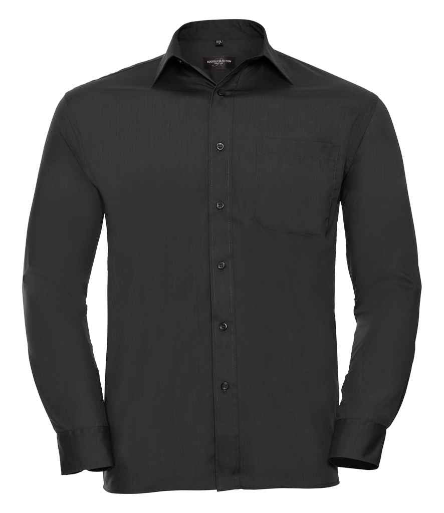 Russell Collection Long Sleeve Easy Care Poplin Shirt in Black by Russell — Custom branded clothing by Print Press, featuring premium embroidery produced in our specialist print lab in the UK.