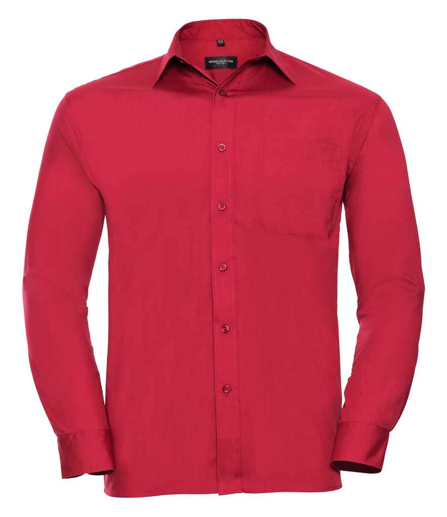 Russell Collection Long Sleeve Easy Care Poplin Shirt in Classic Red by Russell — Custom branded clothing by Print Press, featuring premium embroidery produced in our specialist print lab in the UK.