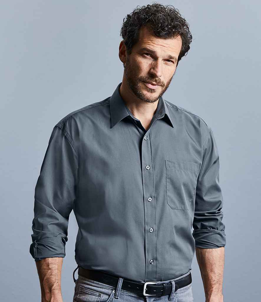 Russell Collection Long Sleeve Easy Care Poplin Shirt in Convoy Grey by Russell — Custom branded clothing by Print Press, featuring premium embroidery produced in our specialist print lab in the UK.