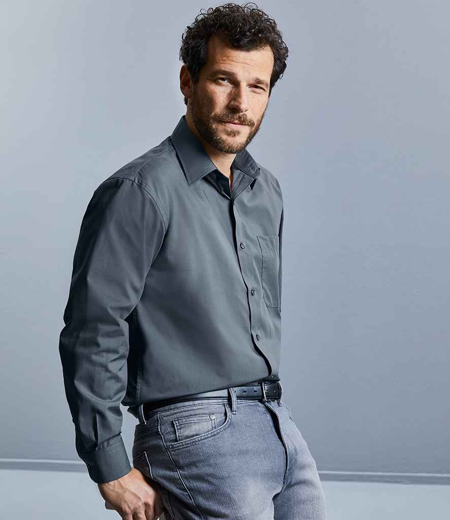 Russell Collection Long Sleeve Easy Care Poplin Shirt in by Russell — Custom branded clothing by Print Press, featuring premium embroidery produced in our specialist print lab in the UK.