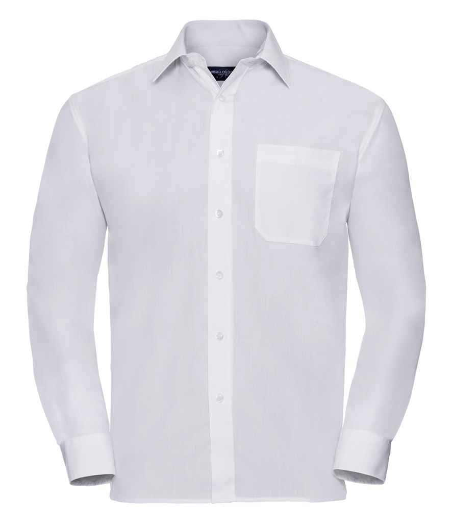 Russell Collection Long Sleeve Easy Care Poplin Shirt in White by Russell — Custom branded clothing by Print Press, featuring premium embroidery produced in our specialist print lab in the UK.