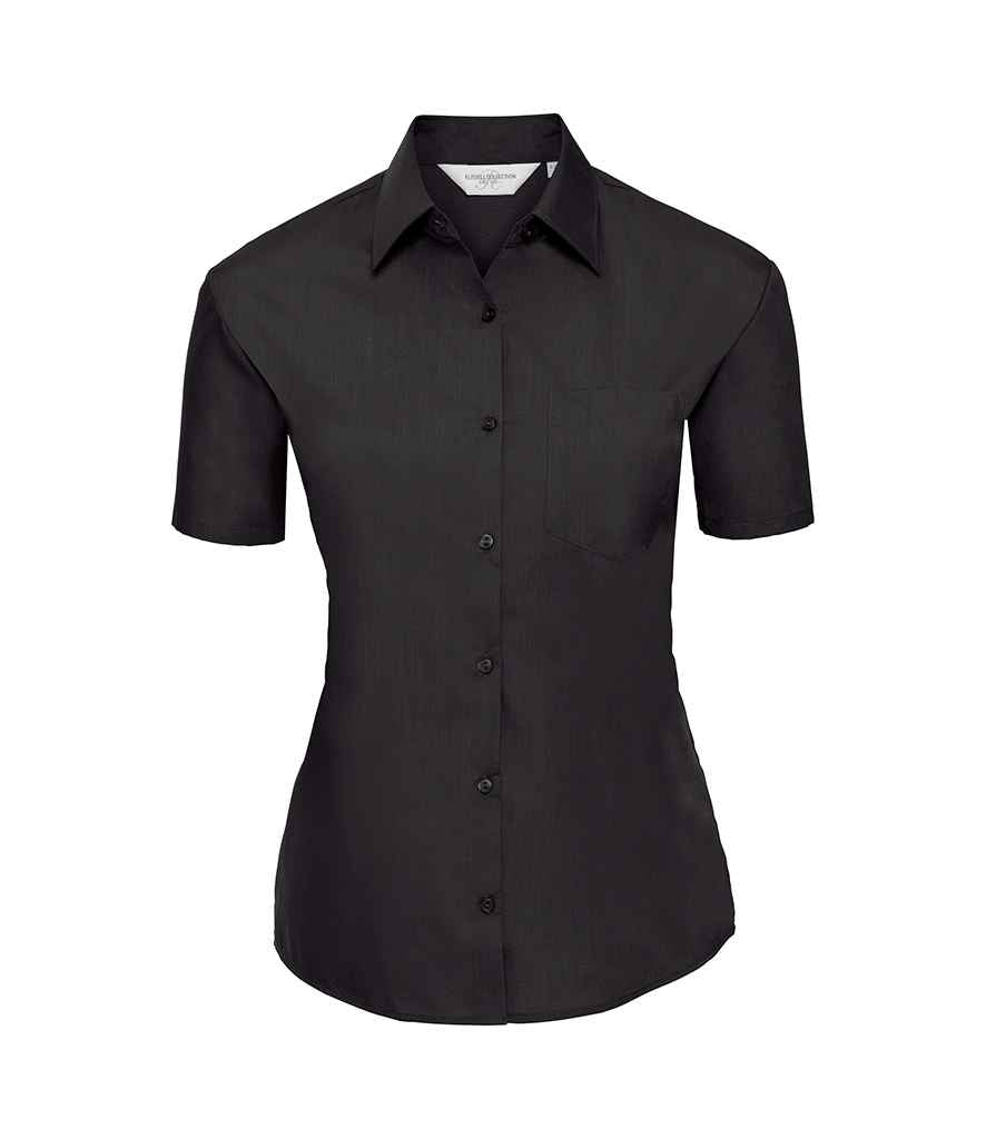 Russell Collection Ladies Short Sleeve Easy Care Poplin Shirt in Black by Russell — Custom branded clothing by Print Press, featuring premium embroidery produced in our specialist print lab in the UK.