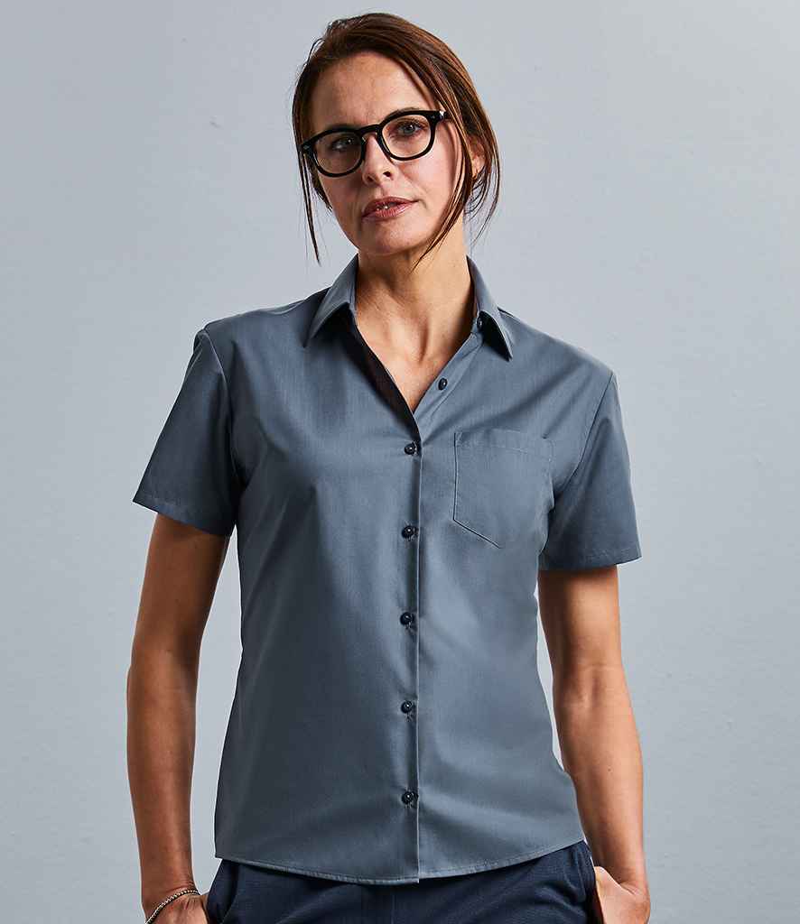 Russell Collection Ladies Short Sleeve Easy Care Poplin Shirt in Convoy Grey by Russell — Custom branded clothing by Print Press, featuring premium embroidery produced in our specialist print lab in the UK.