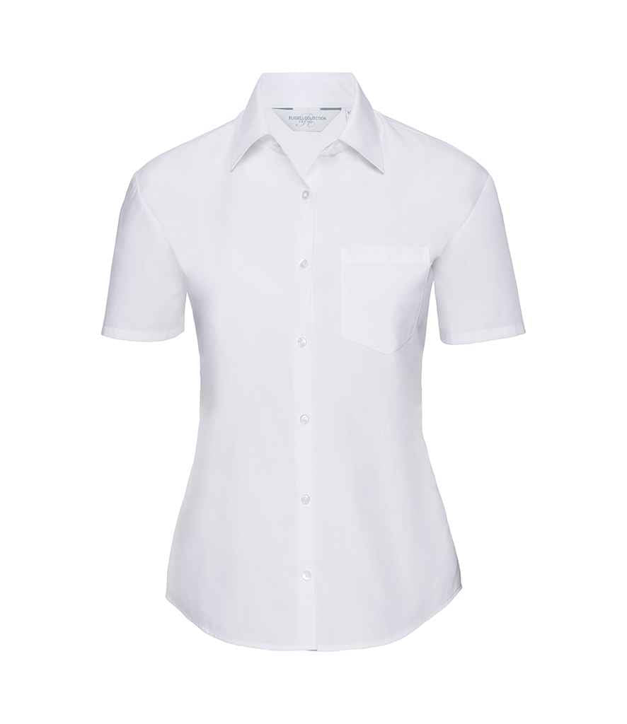 Russell Collection Ladies Short Sleeve Easy Care Poplin Shirt in White by Russell — Custom branded clothing by Print Press, featuring premium embroidery produced in our specialist print lab in the UK.
