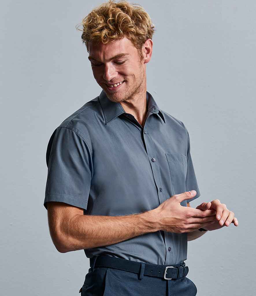 Russell Collection Short Sleeve Easy Care Poplin Shirt in Convoy Grey by Russell — Custom branded clothing by Print Press, featuring premium embroidery produced in our specialist print lab in the UK.
