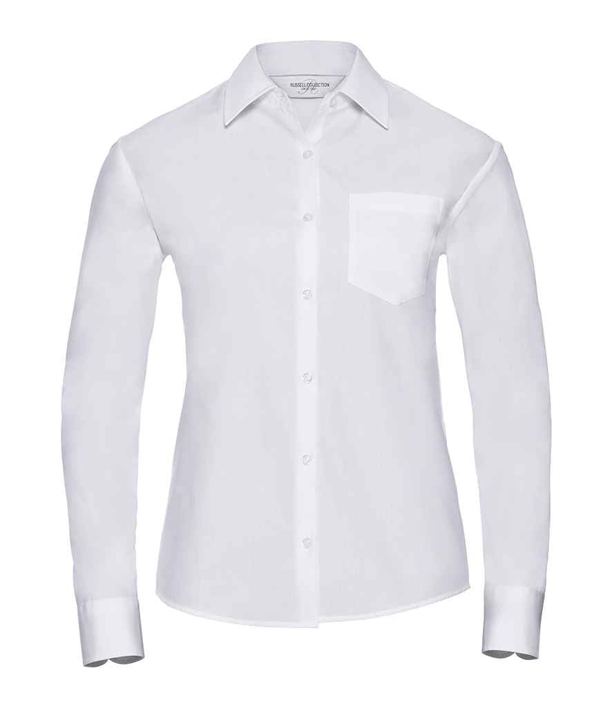 Russell Collection Ladies Long Sleeve Easy Care Cotton Poplin Shirt in White by Russell — Custom branded clothing by Print Press, featuring premium embroidery produced in our specialist print lab in the UK.