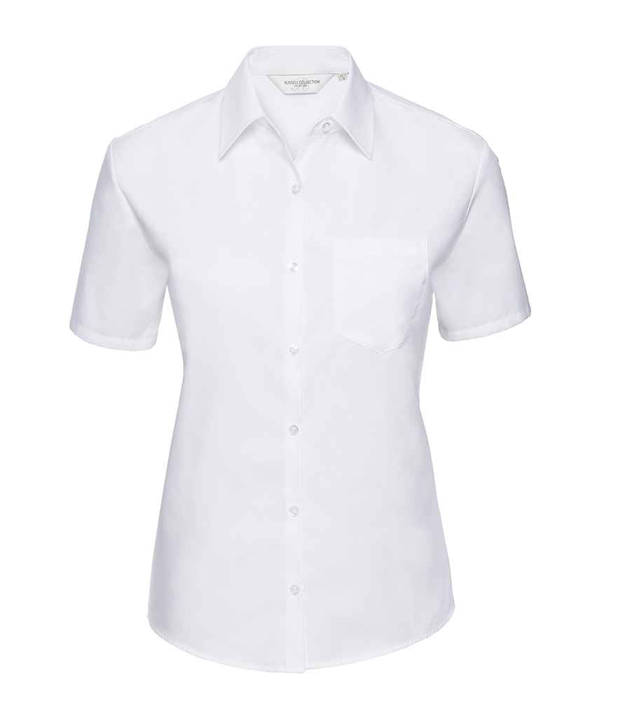Russell Collection Ladies Short Sleeve Easy Care Cotton Poplin Shirt in White by Russell — Custom branded clothing by Print Press, featuring premium embroidery produced in our specialist print lab in the UK.