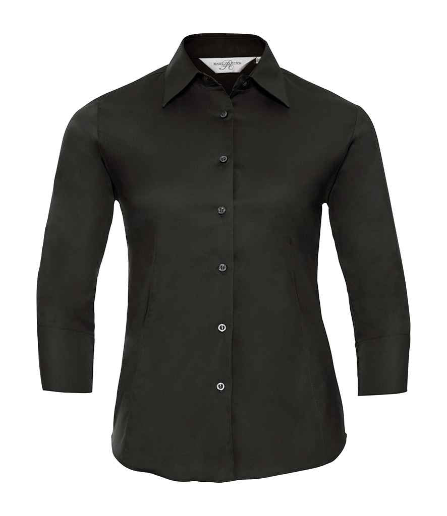 Russell Collection Ladies 3/4 Sleeve Easy Care Fitted Shirt in Black by Russell — Custom branded clothing by Print Press, featuring premium embroidery produced in our specialist print lab in the UK.