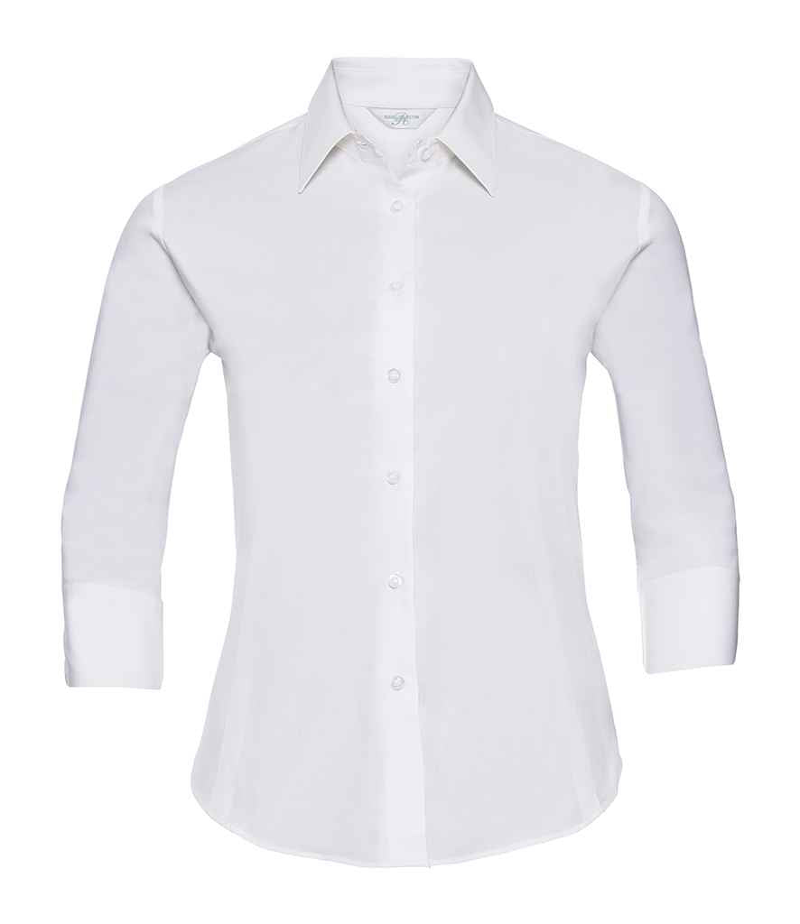 Russell Collection Ladies 3/4 Sleeve Easy Care Fitted Shirt in White by Russell — Custom branded clothing by Print Press, featuring premium embroidery produced in our specialist print lab in the UK.