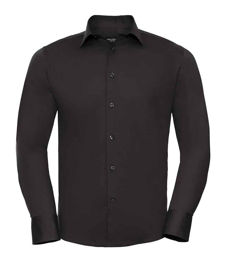 Russell Collection Long Sleeve Easy Care Fitted Shirt in Black by Russell — Custom branded clothing by Print Press, featuring premium embroidery produced in our specialist print lab in the UK.