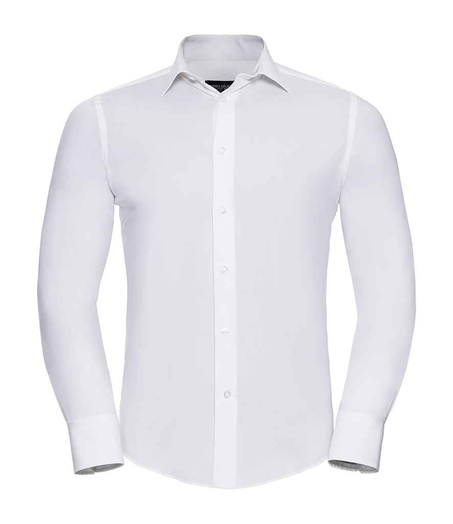 Russell Collection Long Sleeve Easy Care Fitted Shirt in White by Russell — Custom branded clothing by Print Press, featuring premium embroidery produced in our specialist print lab in the UK.