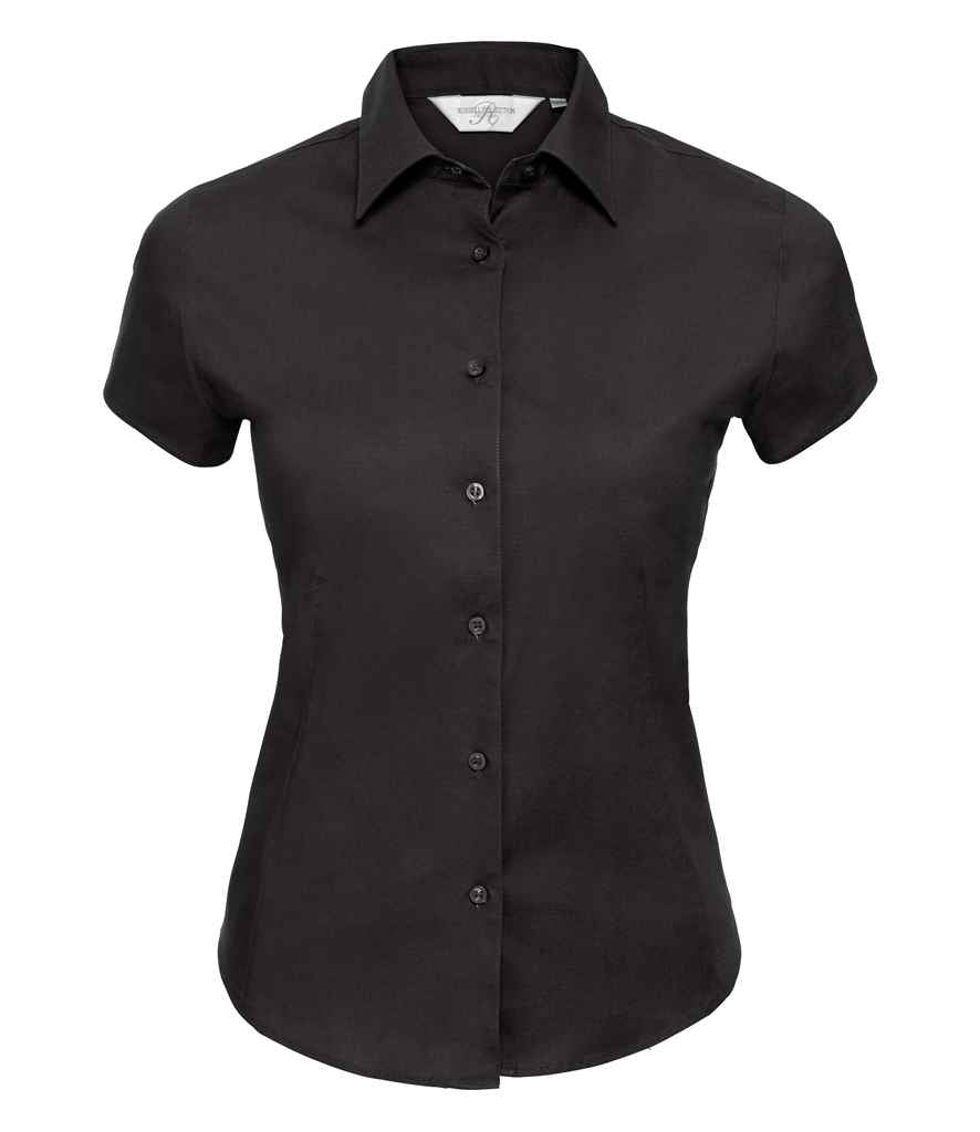 Russell Collection Ladies Short Sleeve Easy Care Fitted Shirt in Black by Russell — Custom branded clothing by Print Press, featuring premium embroidery produced in our specialist print lab in the UK.