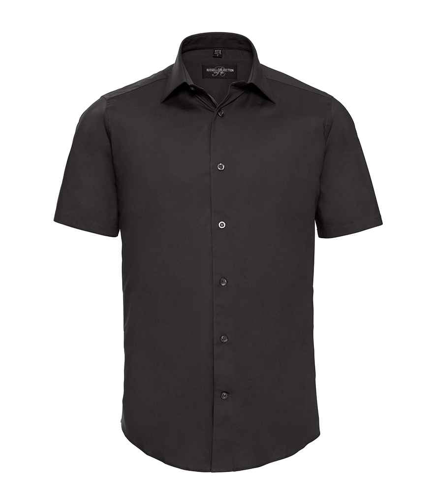 Russell Collection Short Sleeve Easy Care Fitted Shirt in Black by Russell — Custom branded clothing by Print Press, featuring premium embroidery produced in our specialist print lab in the UK.