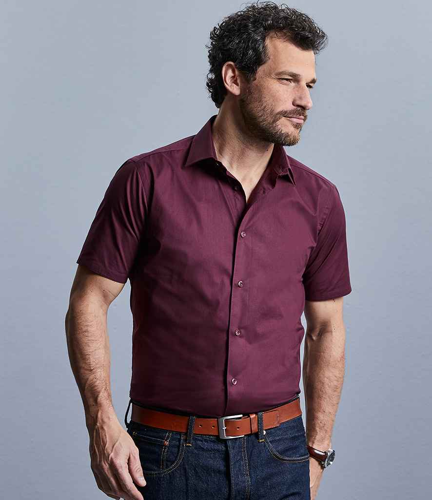Russell Collection Short Sleeve Easy Care Fitted Shirt in Port by Russell — Custom branded clothing by Print Press, featuring premium embroidery produced in our specialist print lab in the UK.
