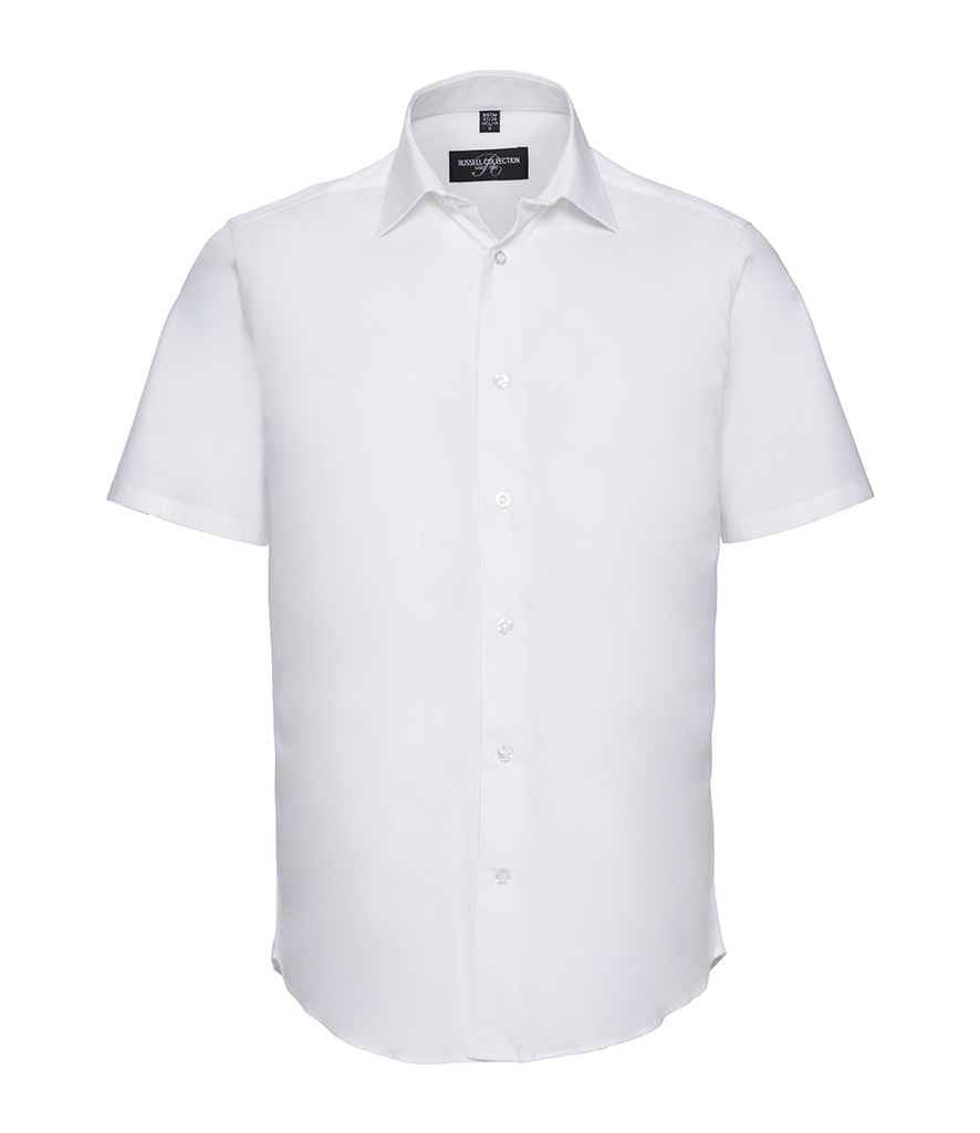 Russell Collection Short Sleeve Easy Care Fitted Shirt in White by Russell — Custom branded clothing by Print Press, featuring premium embroidery produced in our specialist print lab in the UK.