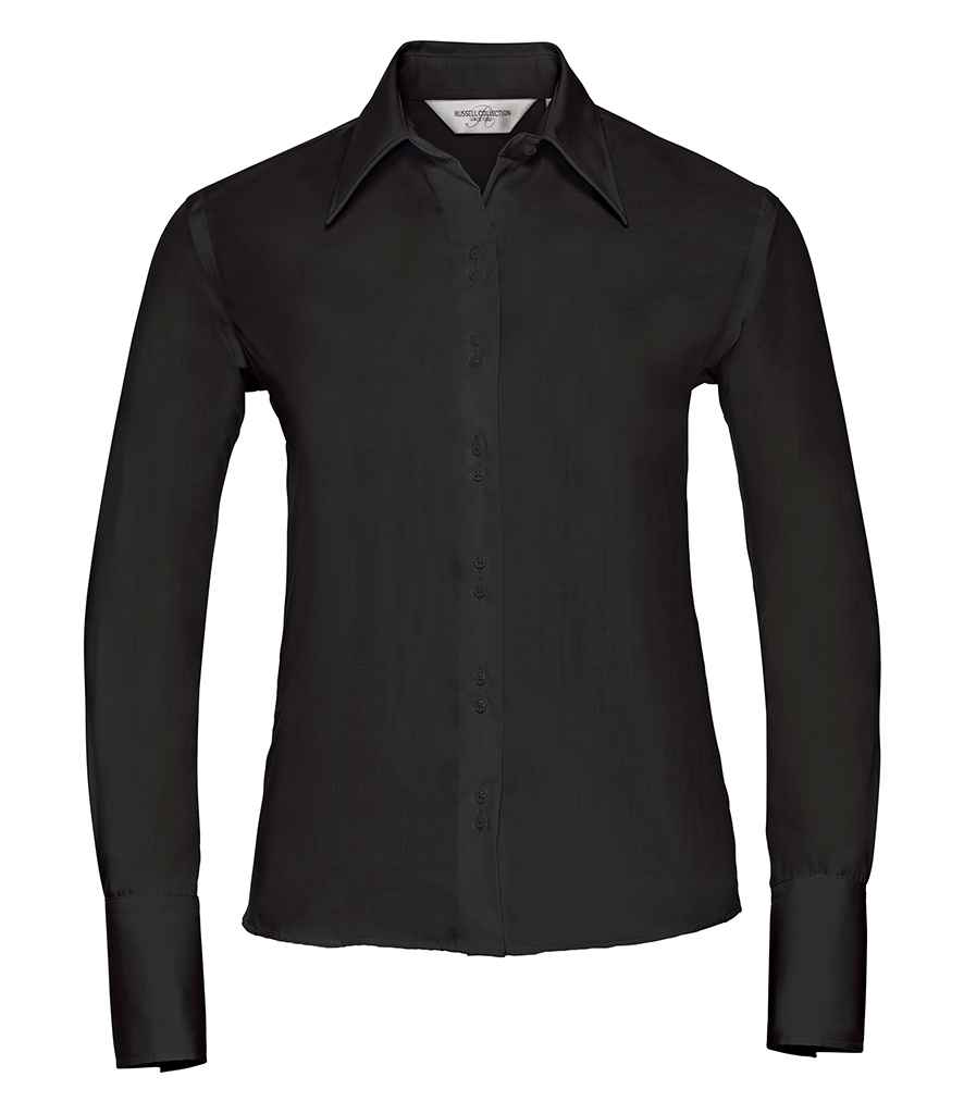 Russell Collection Ladies Long Sleeve Ultimate Non-Iron Shirt in Black by Russell — Custom branded clothing by Print Press, featuring premium embroidery produced in our specialist print lab in the UK.
