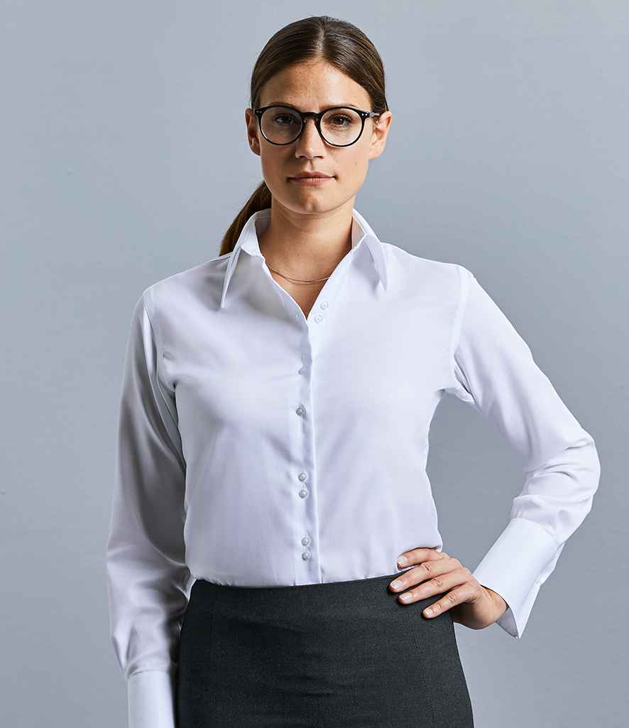 Russell Collection Ladies Long Sleeve Ultimate Non-Iron Shirt in White by Russell — Custom branded clothing by Print Press, featuring premium embroidery produced in our specialist print lab in the UK.