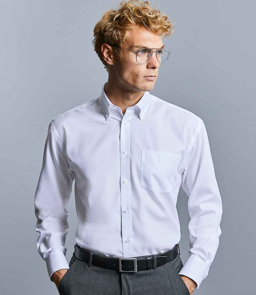 Russell Collection Long Sleeve Ultimate Non-Iron Shirt in White by Russell — Custom branded clothing by Print Press, featuring premium embroidery produced in our specialist print lab in the UK.