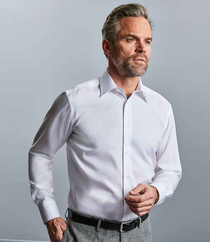 Russell Collection Long Sleeve Tailored Ultimate Non-Iron Shirt in White by Russell — Custom branded clothing by Print Press, featuring premium embroidery produced in our specialist print lab in the UK.