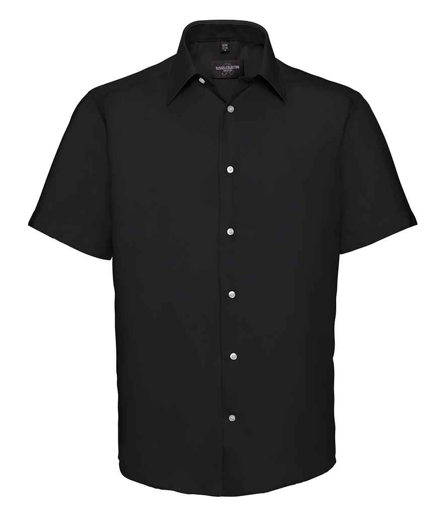 Russell Collection Short Sleeve Tailored Ultimate Non-Iron Shirt in Black by Russell — Custom branded clothing by Print Press, featuring premium embroidery produced in our specialist print lab in the UK.