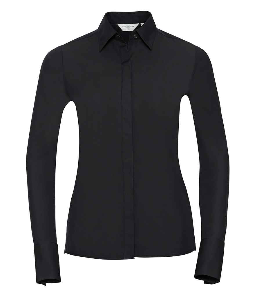 Russell Collection Ladies Ultimate Stretch Shirt in Black by Russell — Custom branded clothing by Print Press, featuring premium embroidery produced in our specialist print lab in the UK.
