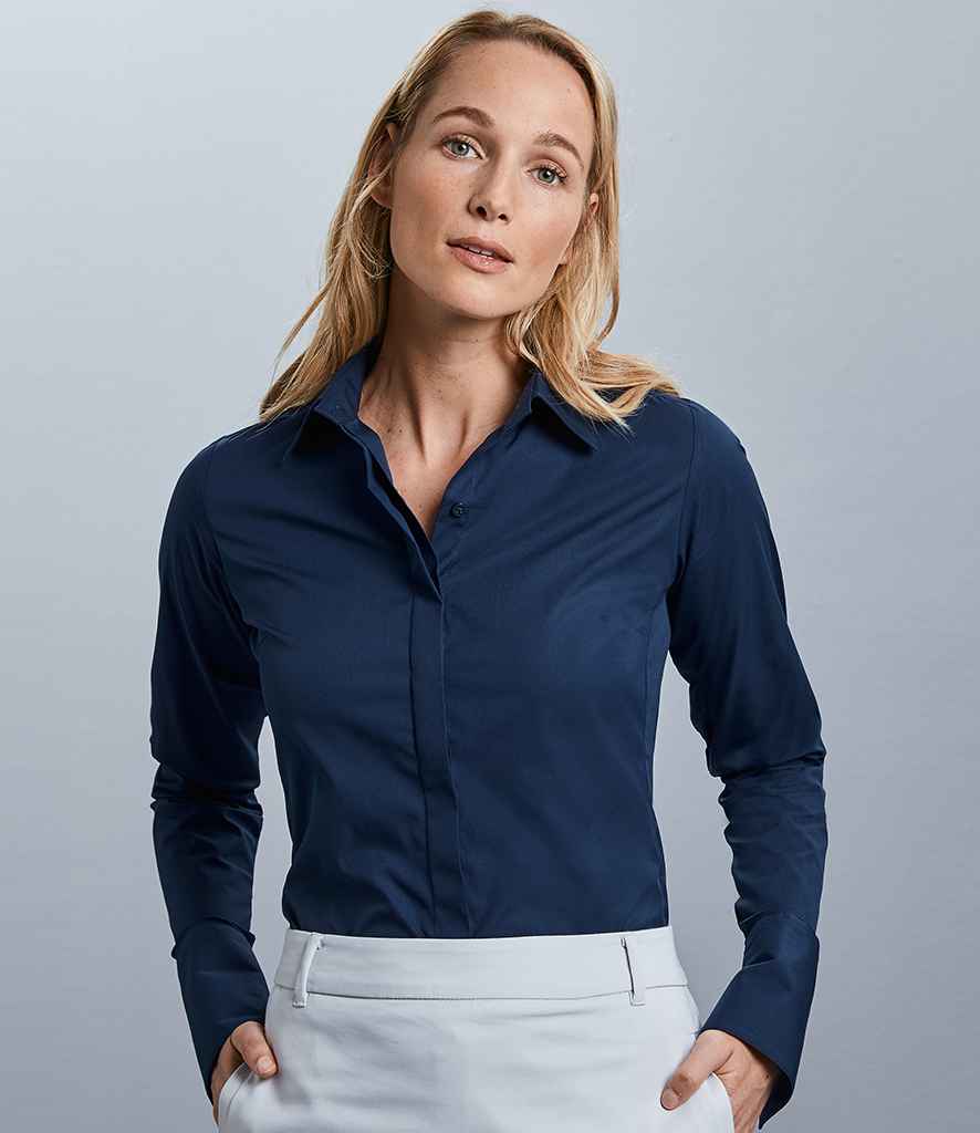 Russell Collection Ladies Ultimate Stretch Shirt in Bright Navy by Russell — Custom branded clothing by Print Press, featuring premium embroidery produced in our specialist print lab in the UK.